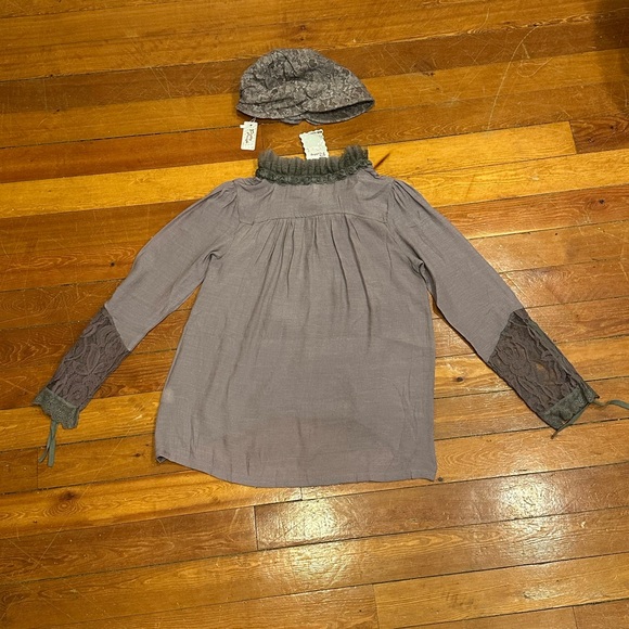 Lilac purple sheer blouse with lace ruffle neckline & matching hat BOTH NWT!! - Picture 11 of 14